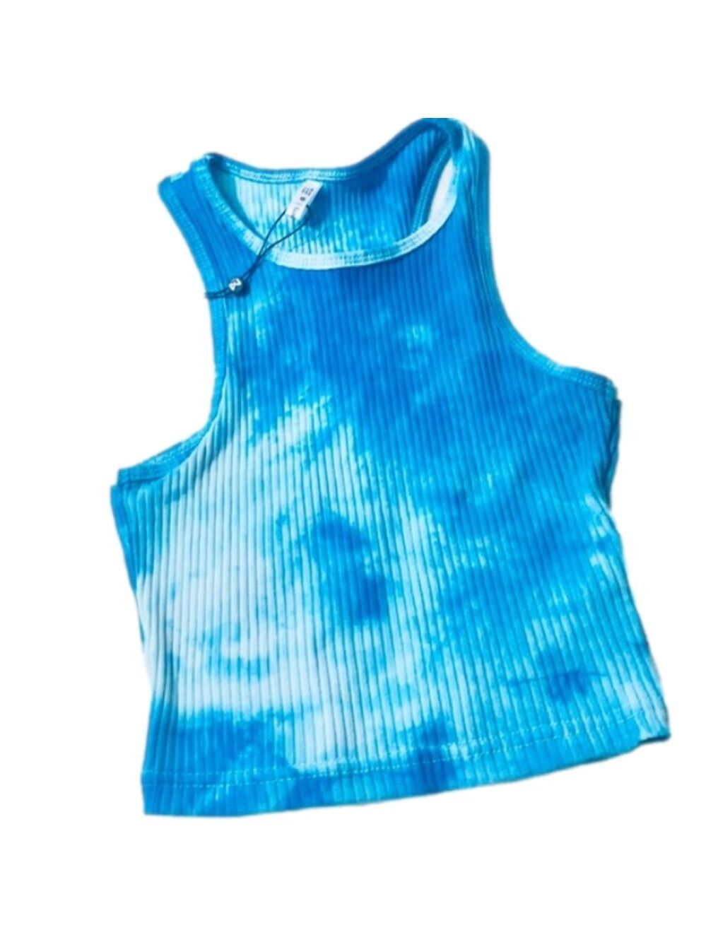 Zaful Sports Blue/ Teal and White Ribbed Tie Dye Crop Tank Top
